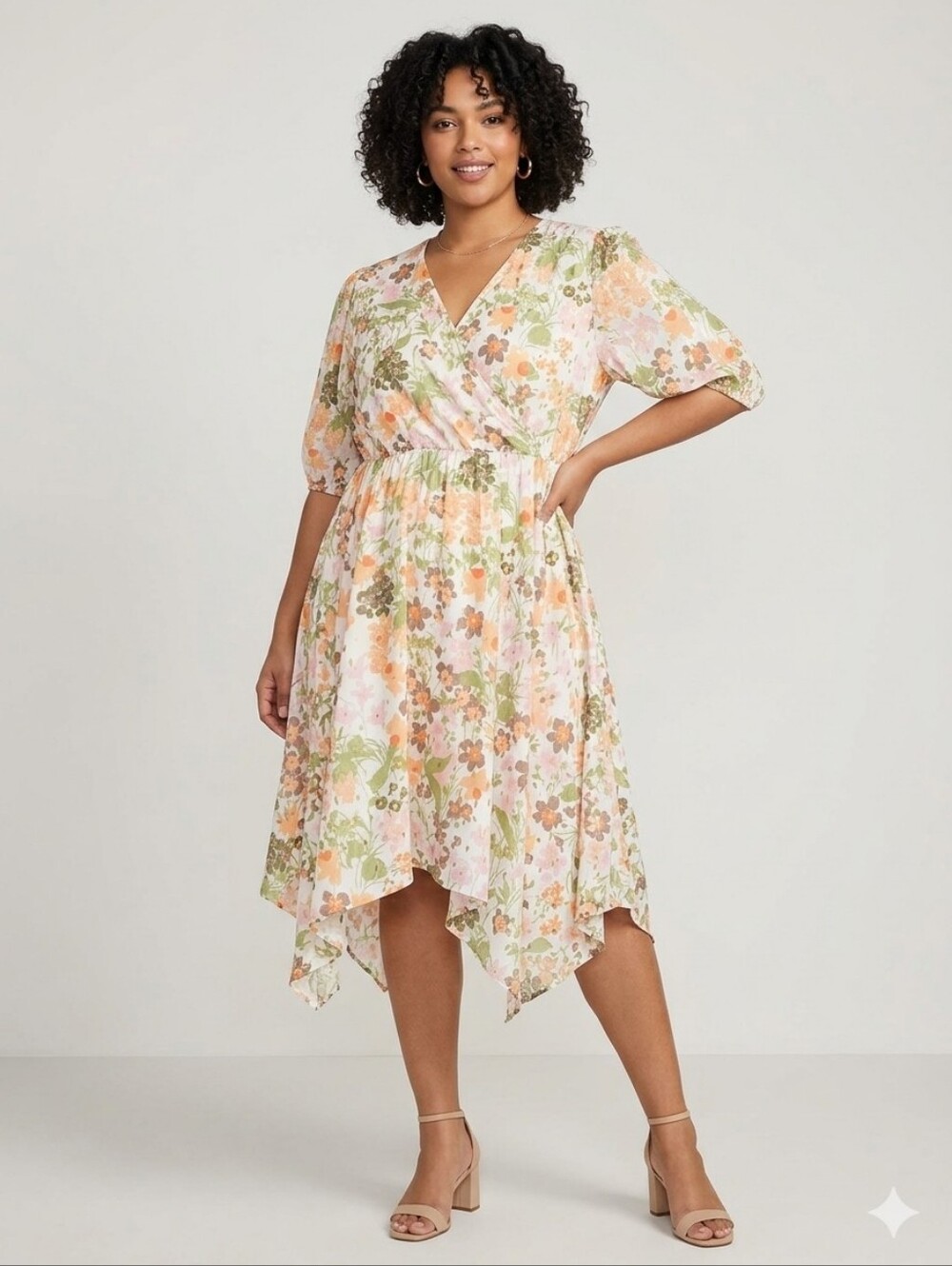 Floral Handkerchief Hem Midi Dress - Pink & Green